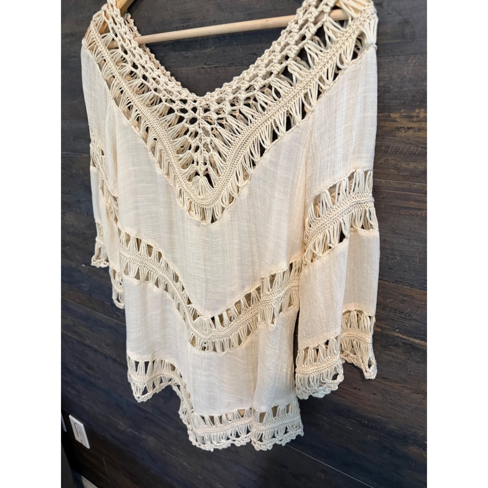 Cream Crochet Knit Boho Tunic Top Three Quarter Sleeve Macrame Trim Festival SML - Picture 2 of 4